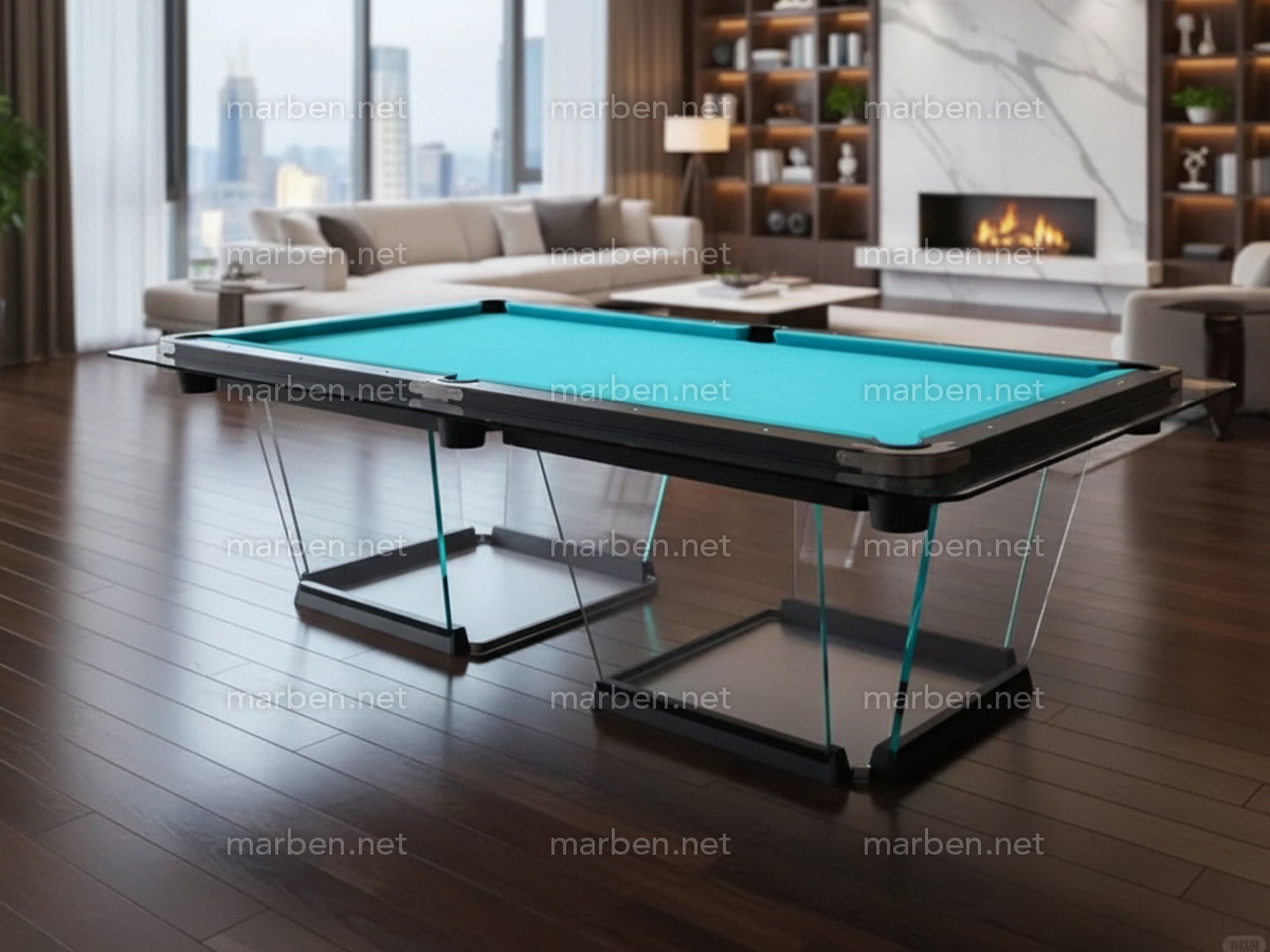 MESA DE BILLAR LUXURY GLASS2,  DE CRISTAL TEMPLADO ESTRUCTURA DE ACERO INOXIDABLE, 7FT ó 8FT